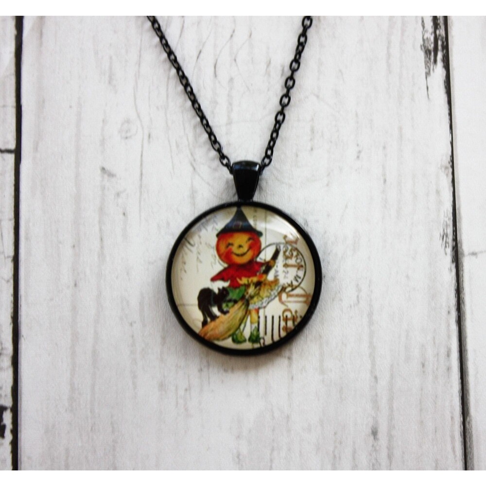 Vintage Inspired Halloween Pendant Necklace: Anthropomorphic Pumpkin & Black Cat